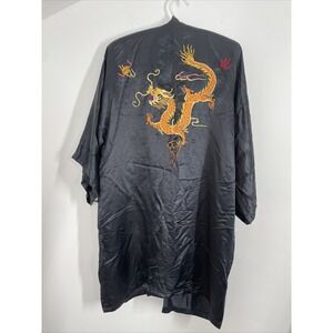 Vtg Golden Dragon Chinese Black Silk Satin Short Robe Embroidered